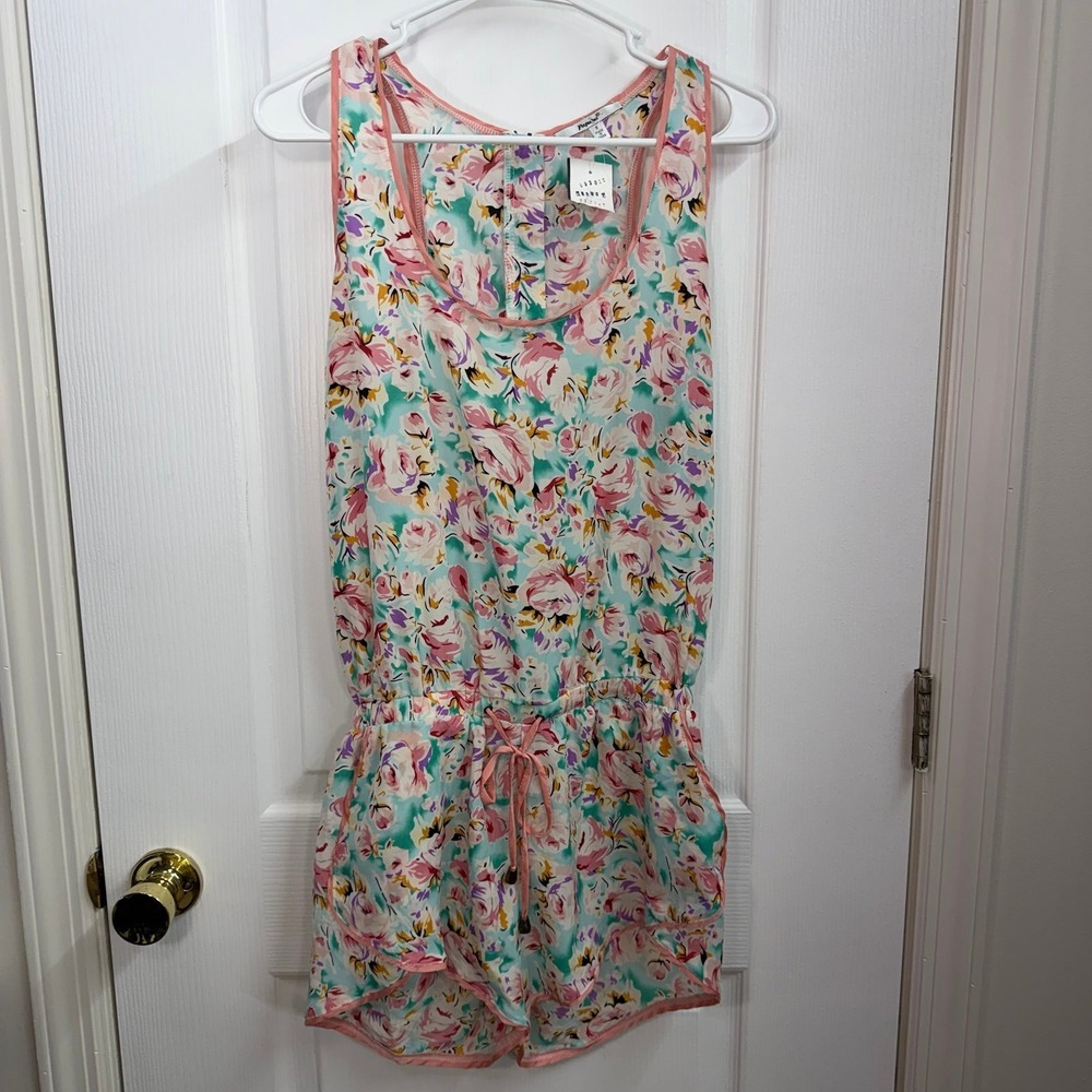 NEW Papaya‎ teal floral scoop neck pocket drawstring lightweight romper casual S
